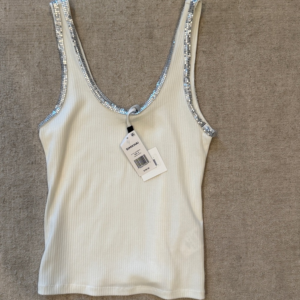 Jonathan Simkhai White Tank Top with Silver Trim